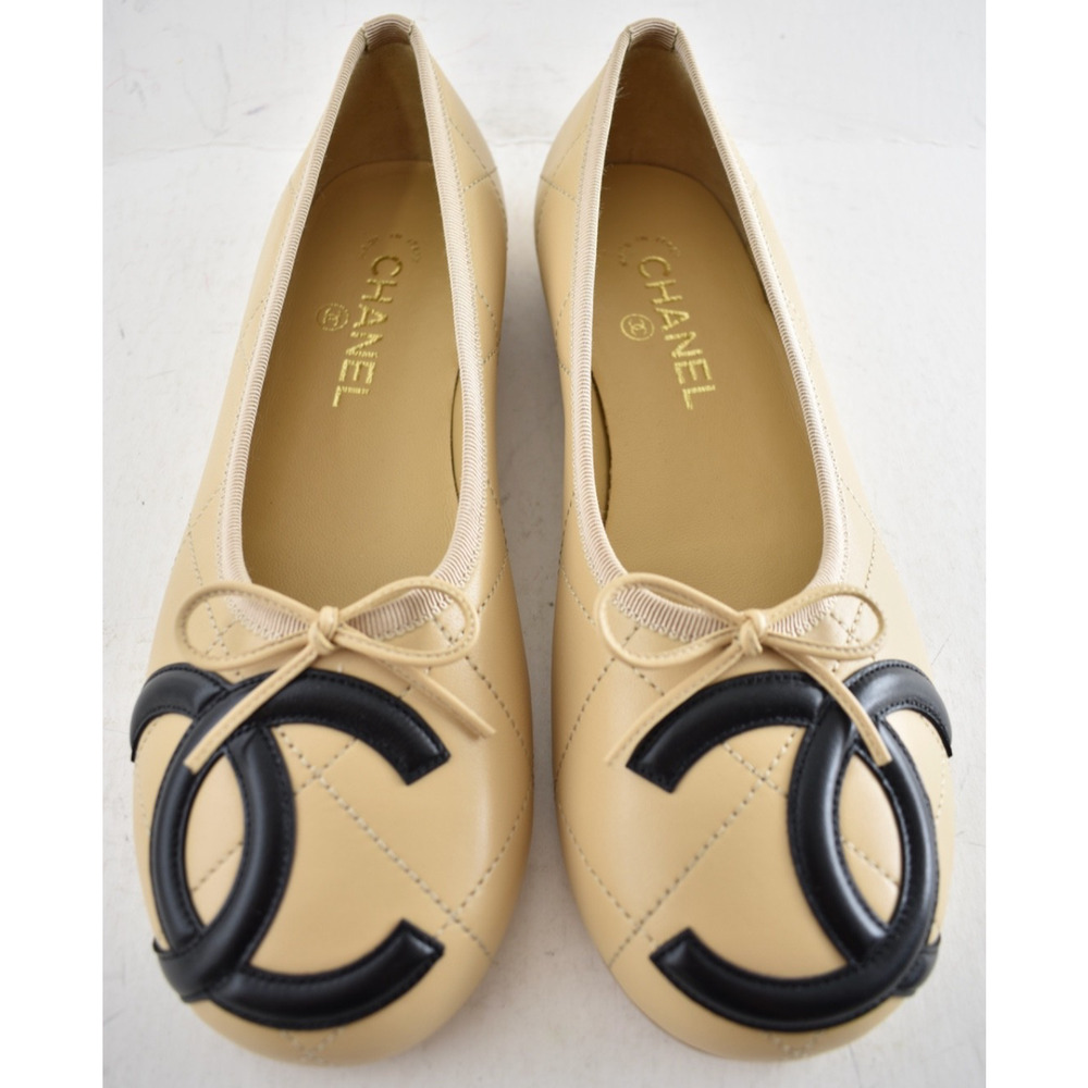 Chanel 26M Coco Beach Cambon Beige Black CC XL Logo Ballet Ballerina Flat 37 - Picture 5 of 16
